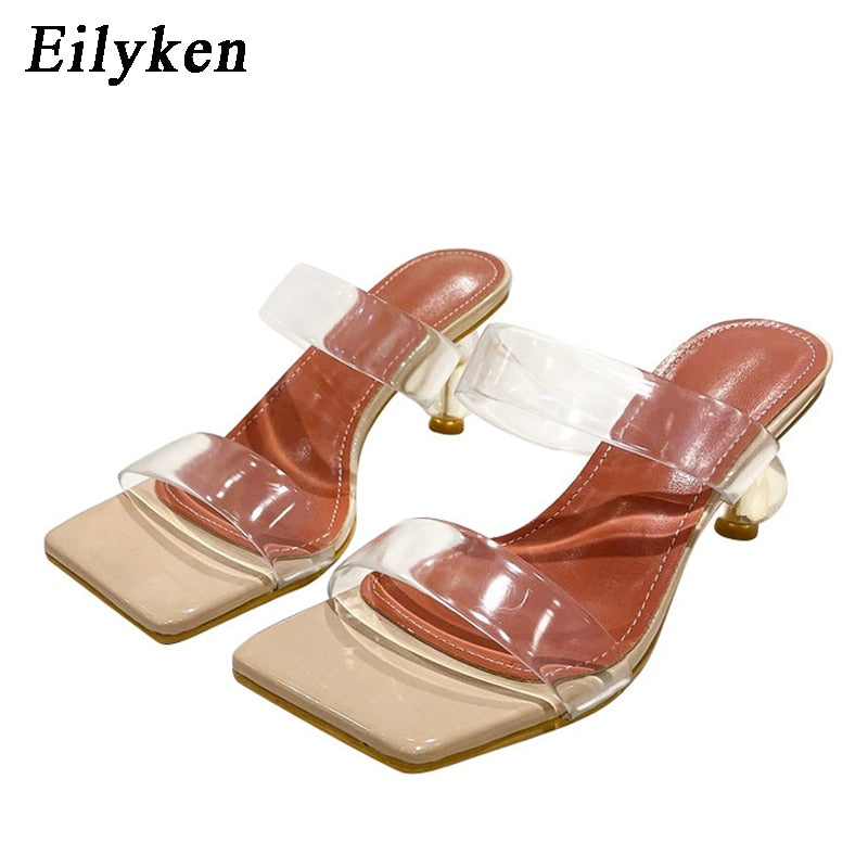 Eilyken 2023 New Summer Square Toe Ladies Slippers PVC Transparent Crystal Strange Style Clear Heel Women Leopard Grain Slides