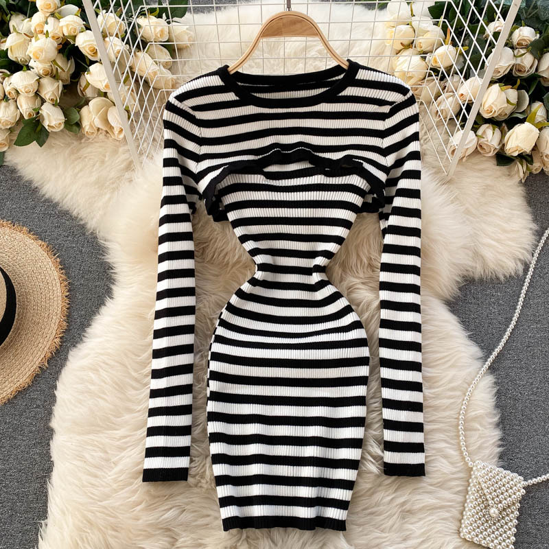 Foamlina Striped 2 Piece Set Women Fashion Streetwear Long Sleeve Knit Pullover Crop Top + Spaghetti Strap Bodycon Dress Suits