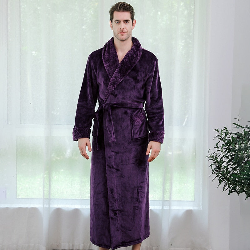 Albornoz de franela de talla grande para hombre y mujer, albornoz Extra largo con capucha cálido para amantes, albornoz tipo Kimono grueso, bata de baño para hombre, batas