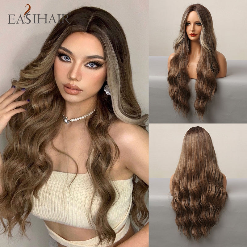 EASIHAIR Long Wavy Brown Synthetic Wigs With Blonde Highlights Cosplay Natural Hair Wigs High Temperature Fiber For Black Women