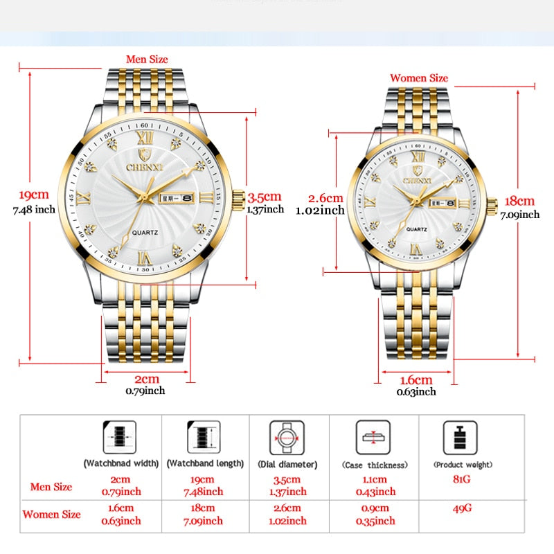 CHENXI New Couple Watches Luxury Brand Women or Men Watches Quartz Date week Clock Wristwatches Female Waterproof Montre Femme