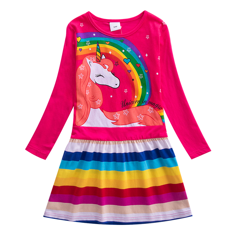 Girls Long Sleeve Star Embroidered Dress Girls Autumn New Style Two Pocket Rainbow Striped Sleeve Cotton Dress LH5809