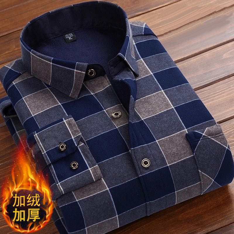 Formal Shirt For Men 2020 Long Sleeve Fleece Warm Plaid Oversized Plaid Collar Shirt Winter Velvet Clothing warm Plaid shirt 5XL