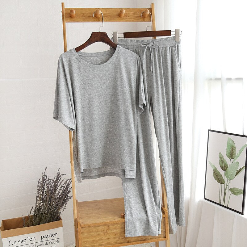 Summer Modal Cotton Pajamas For Women O-Neck Loose Sleepwear Set Two Piece Short Sleeve Lounge Wear Female Solid Homewear Suit
