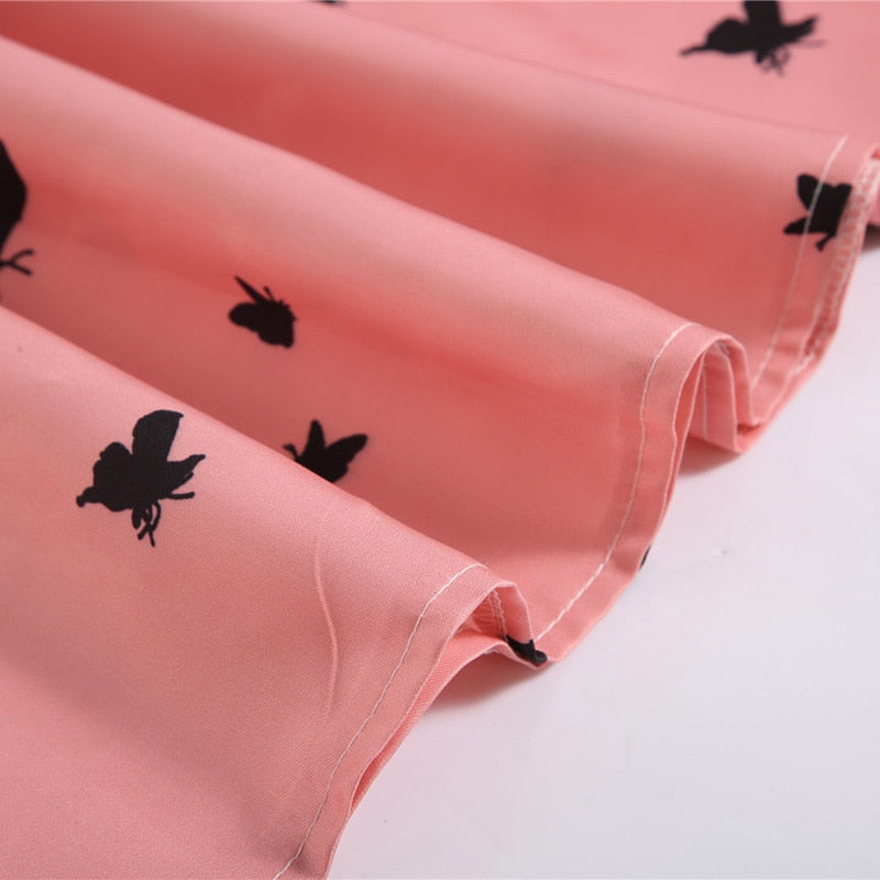 Tonval Rosa 50er Jahre Vintage Schmetterlingsdruck Elegantes Party Plissee Sommerkleid Frauen Doppelriemen Fit und Flare Kleider mit hoher Taille