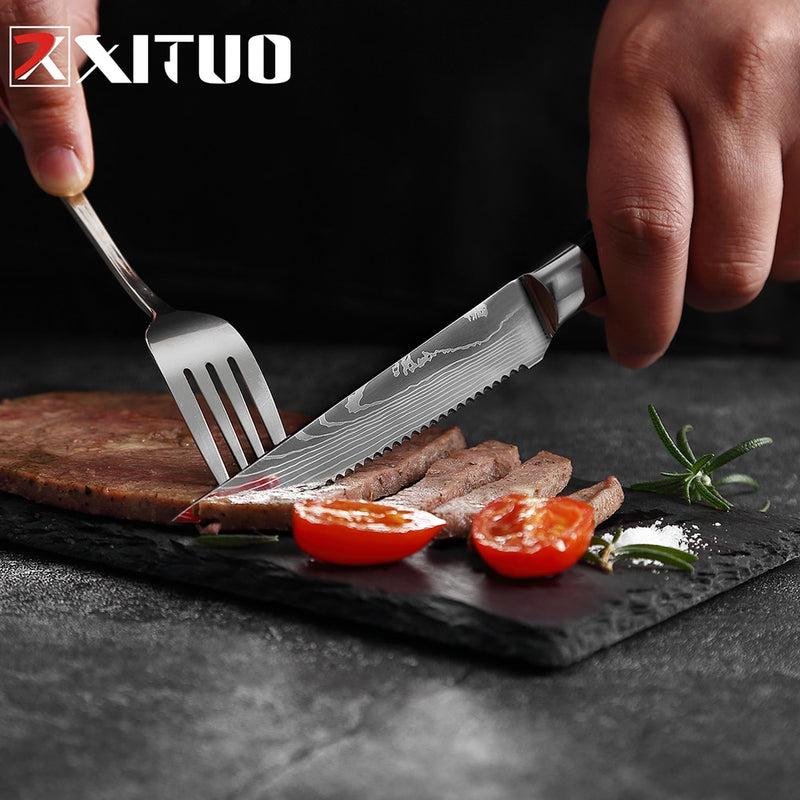 XITUO Steak Knife Set Damascus Pattern Stainless Steel Serrated Knife Beef Cleaver Multipurpose Restaurant Cutlery Table Knife