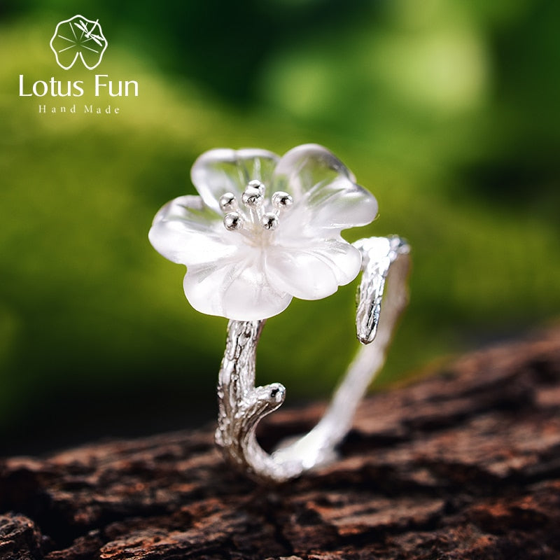 Lotus Fun Real 925 Sterling Silver Natural Gemstones Fine Jewelry Cute Flower in the Rain Ring Open Rings for Women Accessories