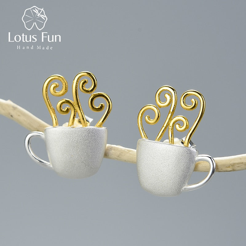 Lotus Fun Real 925 Sterling Silver Earrings Original Handmade Fine Jewelry Hot Coffee Cup Fashion Stud Earrings for Women Gift