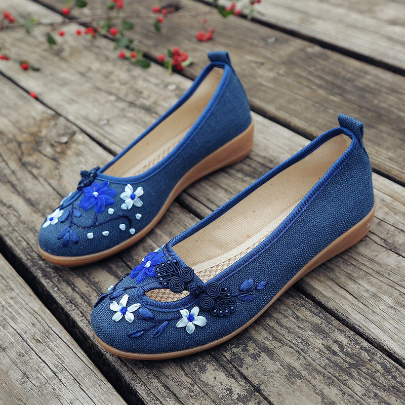 Veowalk Brand 3D Flowers Appliques Women Linen Slip on Ballet Flats Breathable Fabric Ladies Casual Chinese Shoes Ballerina