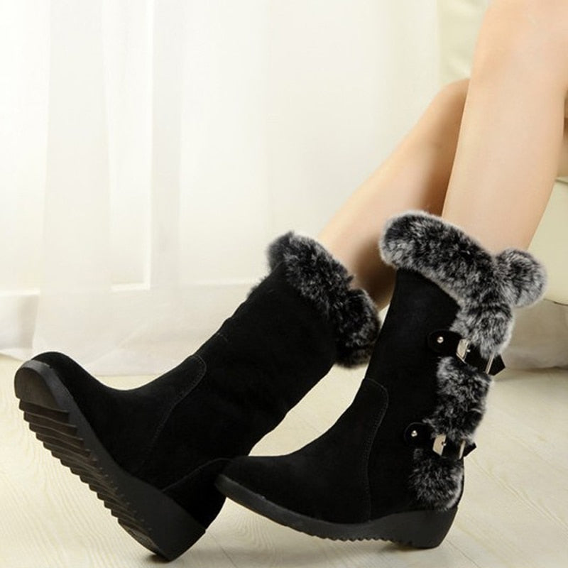 New Winter Women Boots Casual Warm Fur Mid-Calf Boots shoes Women Slip-On Round Toe wedges Snow Boots shoes Muje Plus size 42