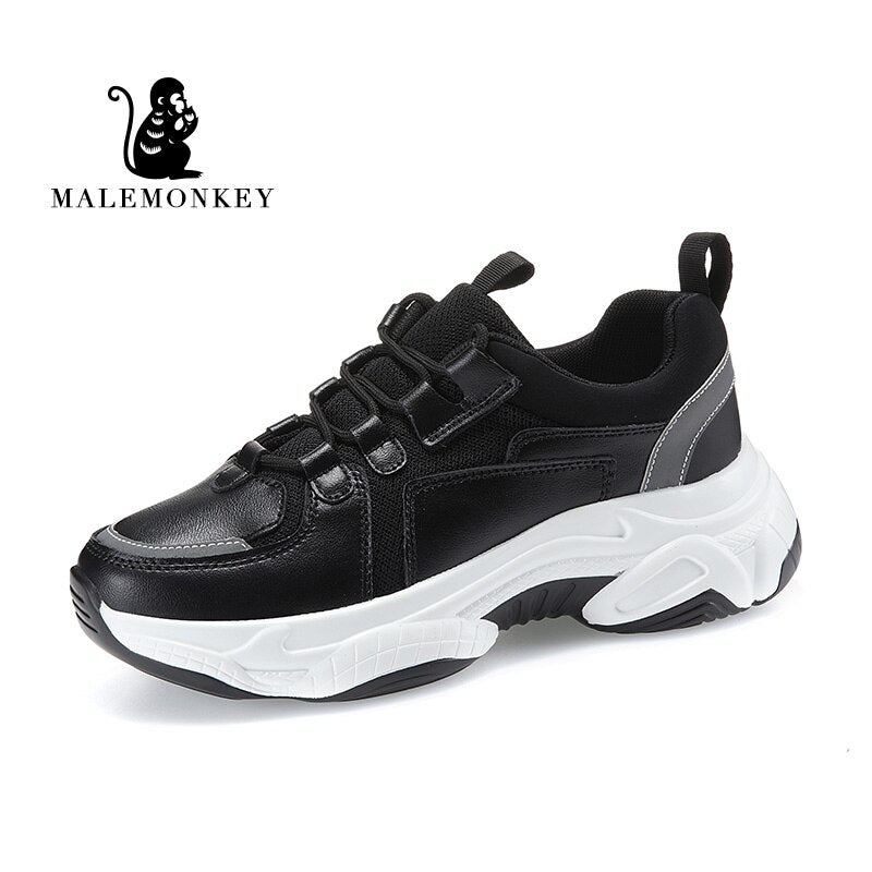 Zapatillas deportivas informales a la moda para mujer, zapatillas deportivas cómodas transpirables de cuero para primavera y otoño 2021, zapatos de plataforma para mujer, color negro