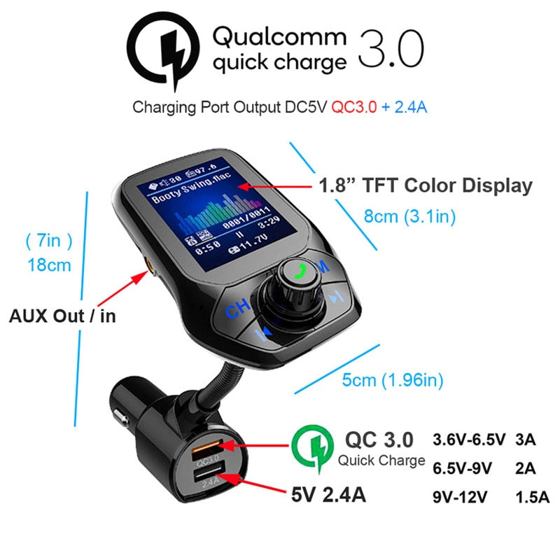 Transmisor FM Bluetooth-compatible V5.0 Coche AUX USB Reproductor de MP3 Kit manos libres inalámbrico para coche con cargador rápido QC3.0 3 puertos USB