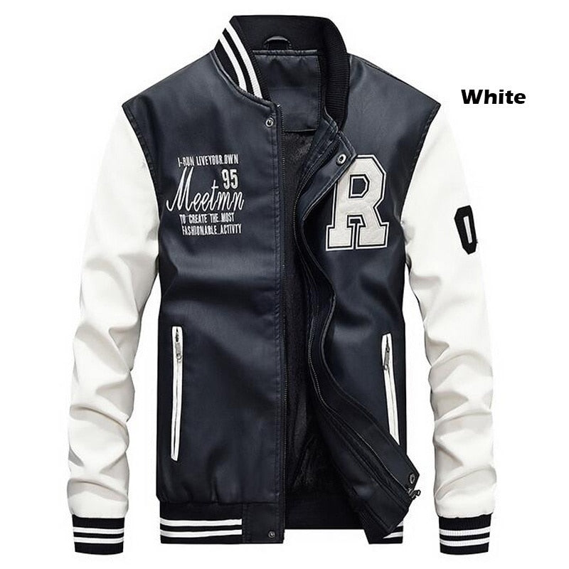 Bomber Lederjacke Herren Baseballjacken Biker PU Mantel Faux Pilot Varsity Fleece College Top Leder Schwarz Slim Fit Motorrad