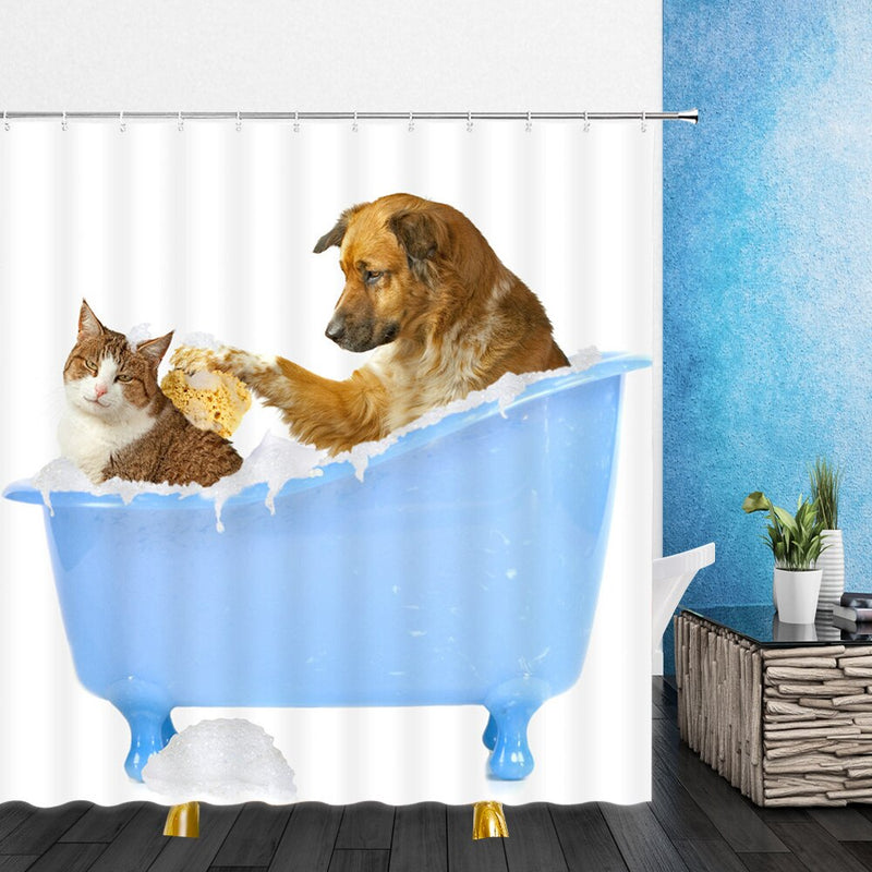 Funny Animal Shower Curtains Decoration Cute Pet Cat Home Bathroom Decor Polyester Bath Cloth Hanging Curtain Set With Hooks