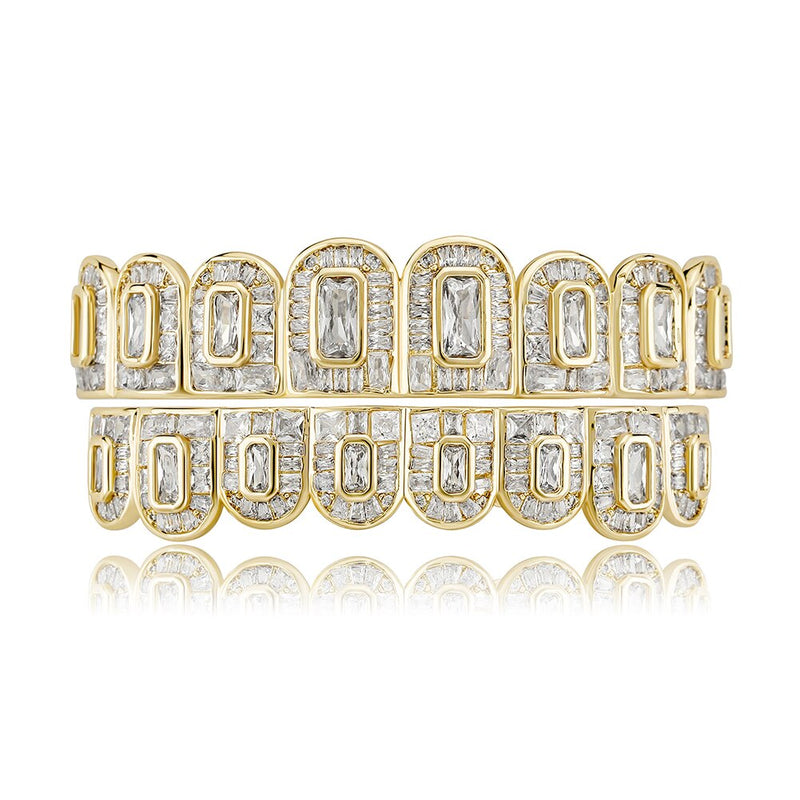 TOPGRILLZ 2021 New Baguette Set Teeth Grillz Full Iced Micro Pave Cubic Zirconia 14K White Gold Hip Hop Jewelry For Men Women