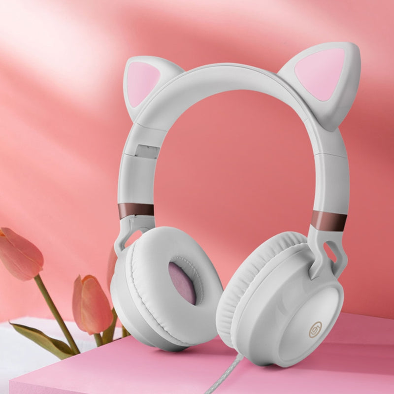 Bonitos auriculares con orejas de gato, auriculares con cable, auriculares estéreo Muisc, auriculares con cable con micrófono, auriculares para niños y niñas adultas, encantadores