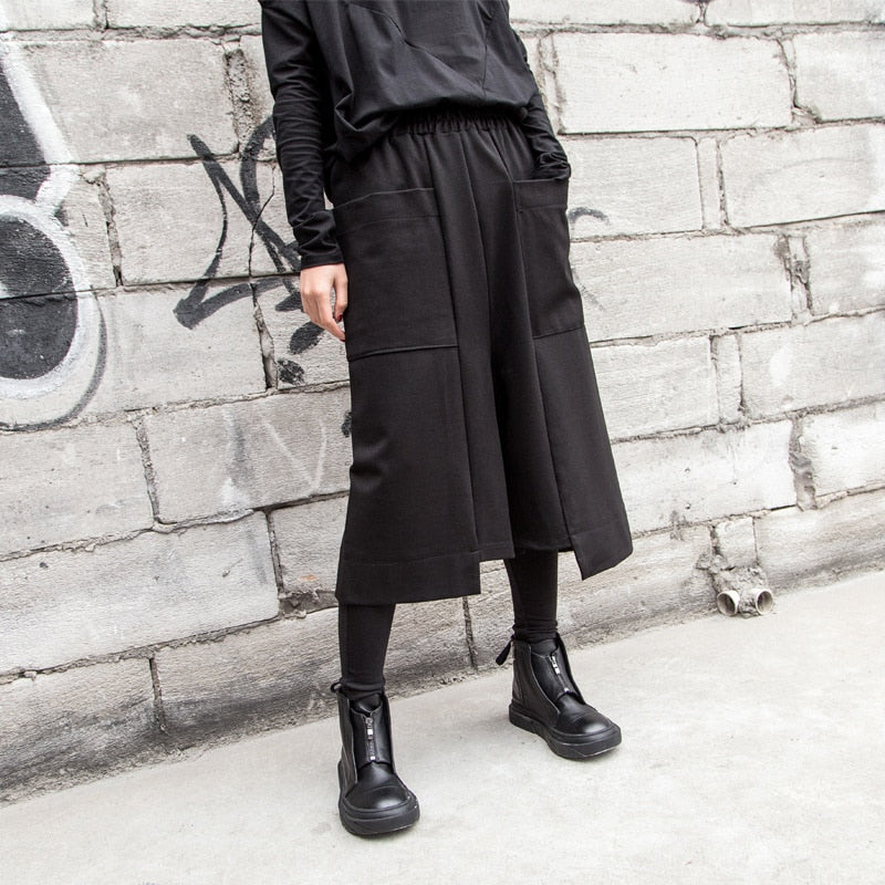 Streetwear Women Spring Pocket Wide Leg Pants Casual Elastic Waist Loose Calf -length Pants 1010