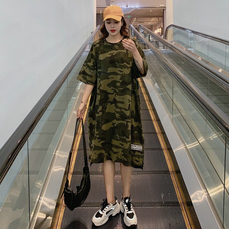 Camouflage Loose Dress Women Long T Shirt Summer Dresses 2022 for 100kg Girls Korean Half Sleeve Irregular Cotton Tees