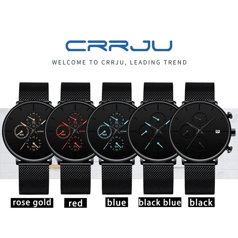 CRRJU Mens Watches Luxury Sport Wrist Watch Unique Design Stainless Steel Auto Date Mesh Strap Men Fashion Casual Quartz Watches