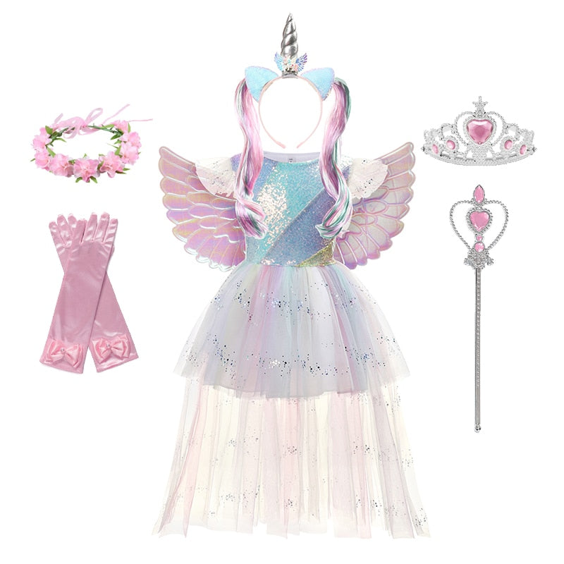 Halloween Unicorn Princess Dress Birthday Party Cosplay Angel Gown Children Mesh Tutu Skirt Pink Lace Sling Costume for Girls