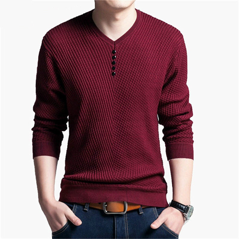 Gran oferta de suéter de Color sólido para hombre, suéter con cuello en V para hombre, suéteres informales de manga larga de marca para hombre, suéteres de Cachemira de lana de alta calidad