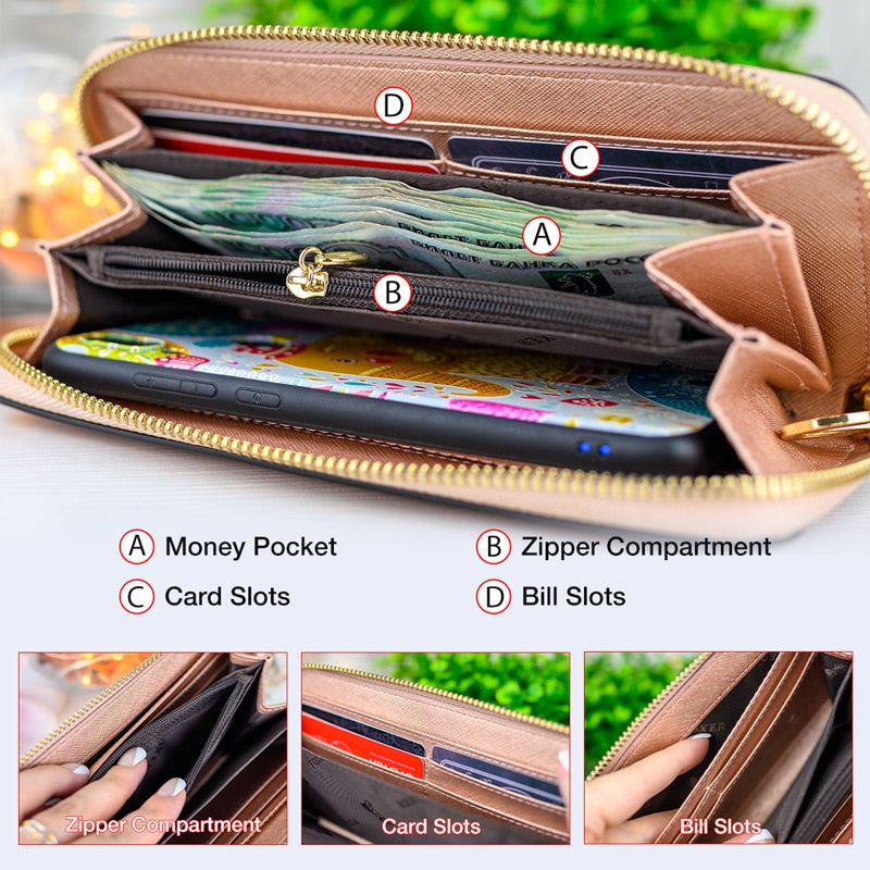 FOXER Women Split Leather Wallet Bifold Clutch Bag with Wristlet Fashion Card Holder Coin Purse Cellphone Bag Female Money Bag