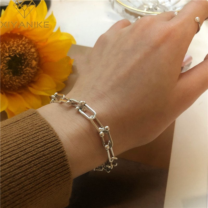 XIYANIKESilver Color Thick Chain Bracelet for Women Couple Creative Vintage Handmade Hasp Bracelet Birthday Jewelry Gift