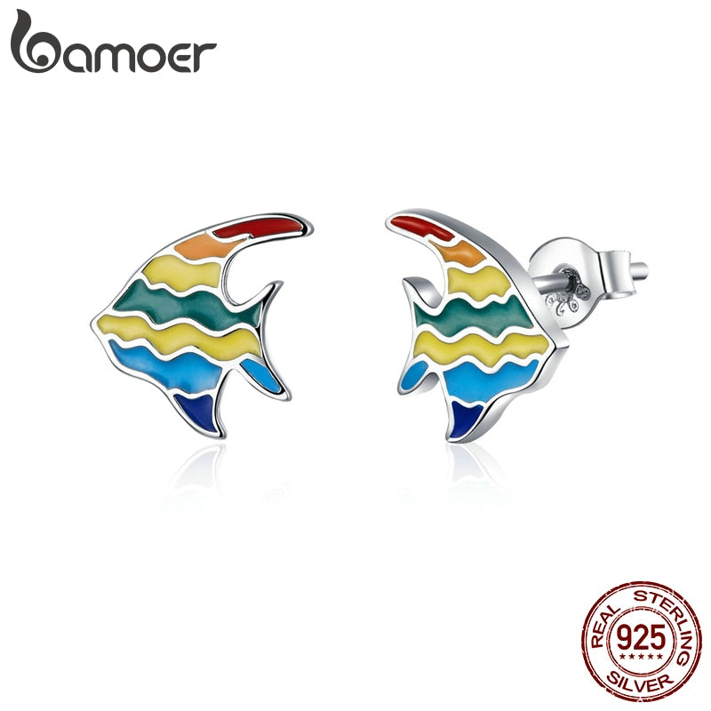 bamoer Rainbow Enamel Stud Earrings for Women 925 Sterling Silver Animal Fish Cat and Dog Fashion Jewelry Bijoux SCE823