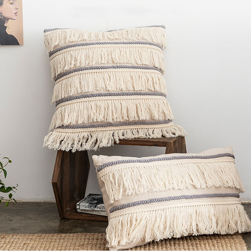 Boho Pillow Case Cushion Cover Fronha Cotton Linen Back Support Pillowcases Decorative Macrame Tassel Home Office Pillows Covers