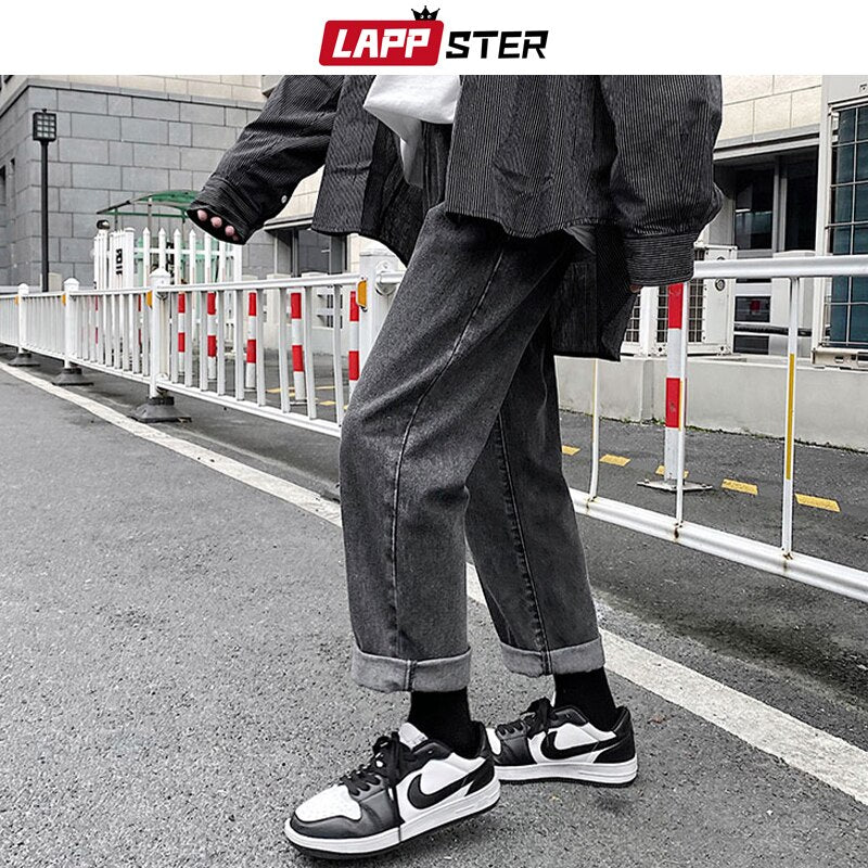 LAPPSTER Men Grey Streetwear Baggy Jeans 2022 Mens Kpop Solid Denim Pants Couple High Waisted Vintage Oversized Joggers Pants