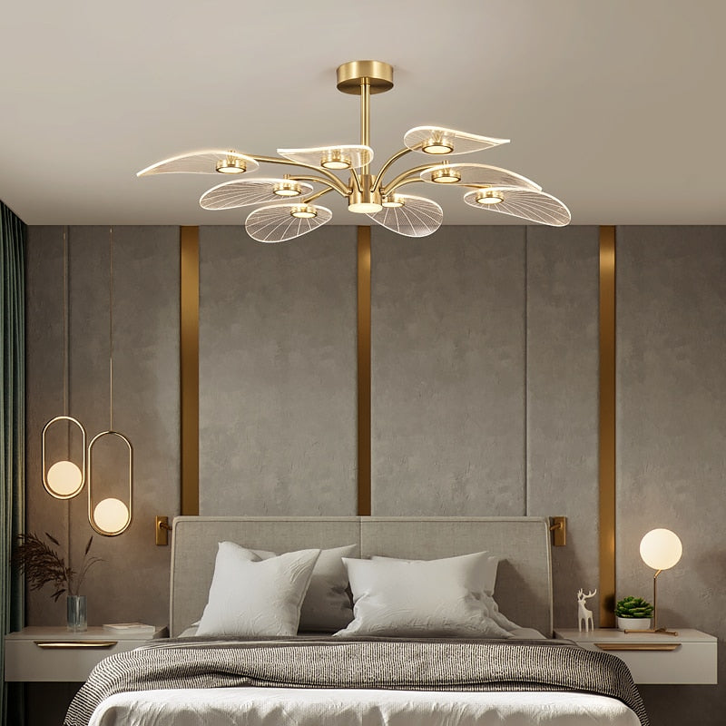 WOSHITU LED Deckenleuchte Nordic Kupfer Kronleuchter für Schlafzimmer Wohnzimmer Lotusblatt Form Design Wohnkultur Leuchte