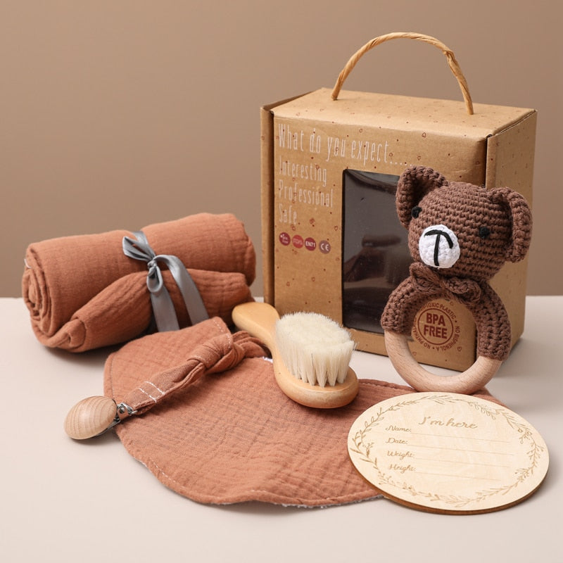 Let's Make 1set Baby Stuff Toalla de baño Manta de algodón Cepillo Productos de regalo para niños Juguete Caja de sonajero de ganchillo Regalo de Navidad
