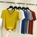 chic casual  Cotton T Shirt Ribbed Short Sleeve Women Summer Basic v-neck T shirt Loose Candy Color T-shirt Tee Female