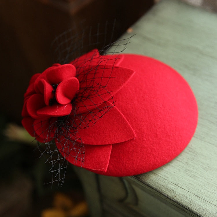 Sombrero Fedora de lana pura Vintage, sombrero de malla con flores para mujer, sombrero elegante para mujer, sombrero pastillero de otoño