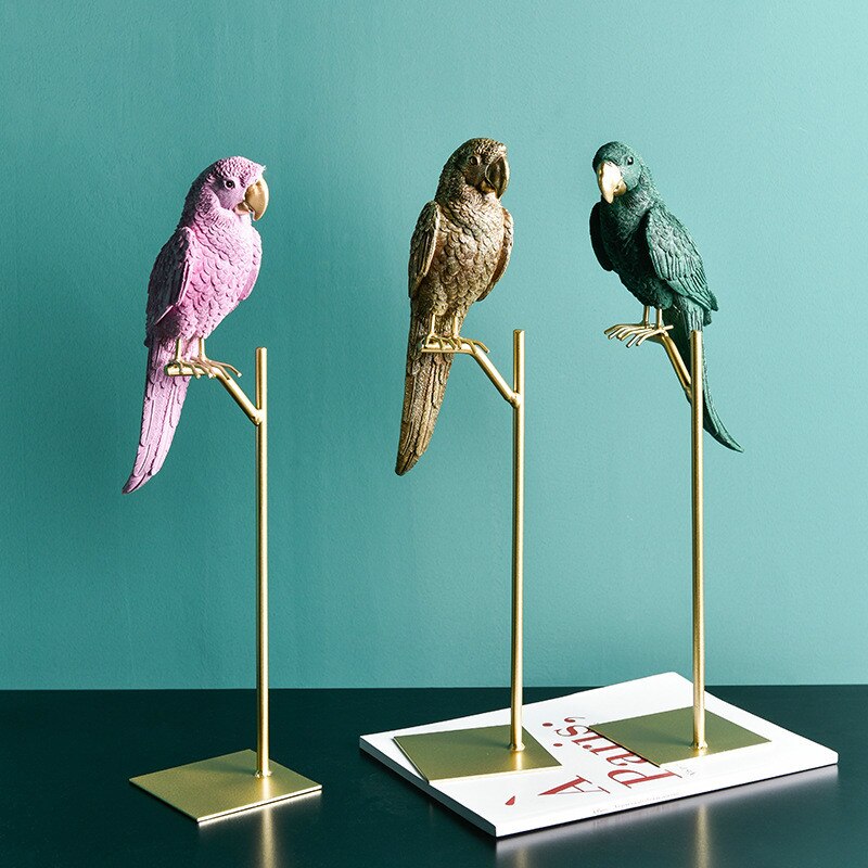 Figuras en miniatura de resina creativa nórdica, Animal simulado, loro, pájaro, adornos artesanales dorados, decoración de escritorio moderna para el hogar