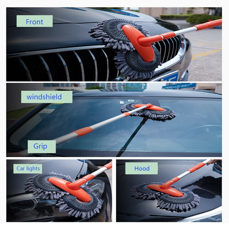 Double Brush Head Rotating Car Wash Mop Three-Section Telescopic Mop Roof Window Cleaning Maintenance Auto Supplies Accessories