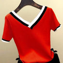 V-Ausschnitt Kurzarm Shirt Frauen Kontrastfarbe Gestreift Gestrickt 2023 Sommer Tops Shirt Koreanische Kleidung Femme Camisetas Mujer 13362
