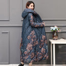 Chinese Style Women's Winter Down Cotton Jacket X-long Printing Loose Thick Outwear Hooded Loose Covered Button Female Parka