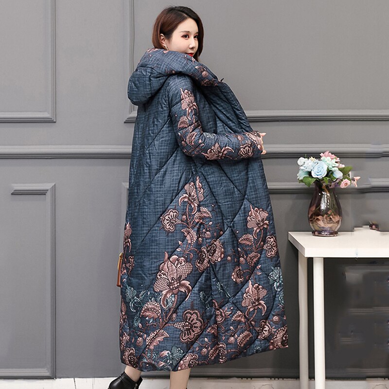 Chinese Style Women's Winter Down Cotton Jacket X-long Printing Loose Thick Outwear Hooded Loose Covered Button Female Parka