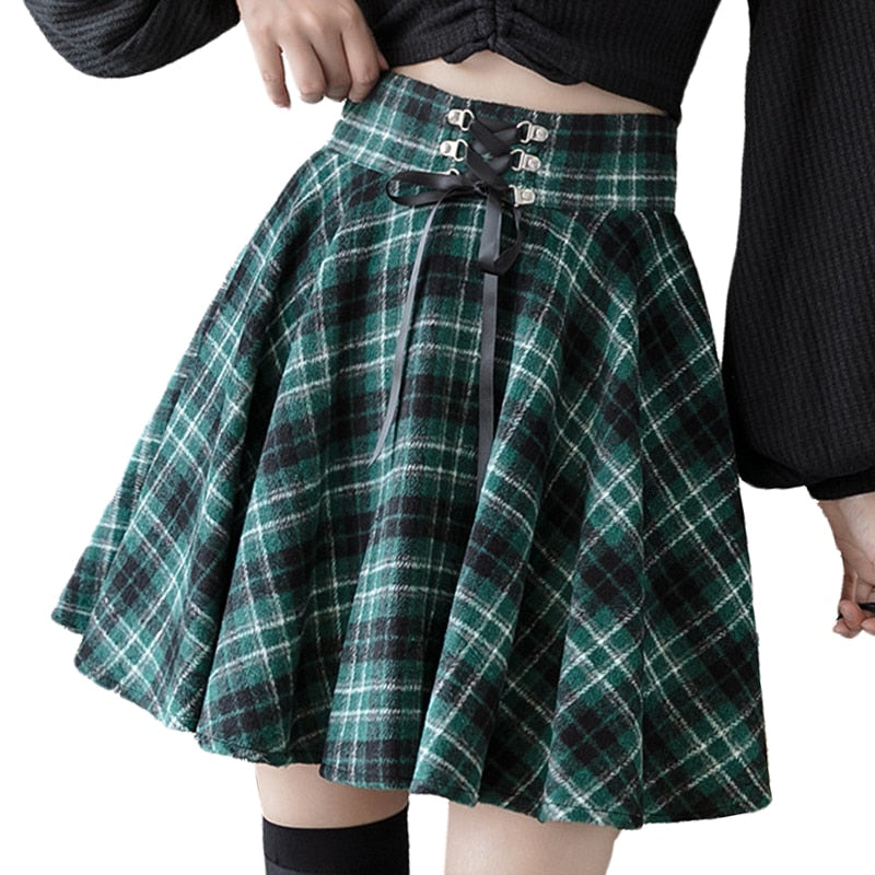 Gothic Punk Harajuku Women Skirt Plaid Print Lace Up Hip Hop Winter Casual Green Grey Red Goth Pleated Woolen Skater Streetwear