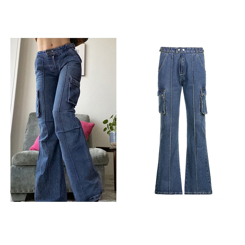 Rapcopter y2k Jeans Retro Schärpen Jeanshose Geraffte Kordelzug Cargohose Damen Große Taschen Hose Damen Streetwear Jeans 90er Jahre