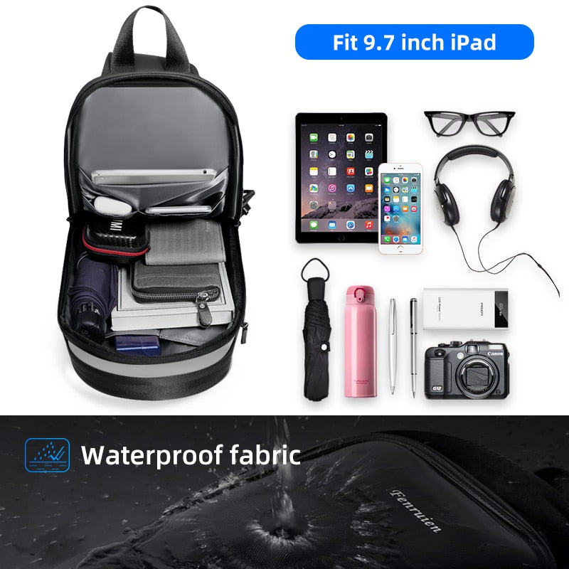 Fenruien Men Shoulder Bag for 9.7&quot; iPad USB Charging Chest Bag Short Trip Water Repellent Crossbody Bag Black 2020 New