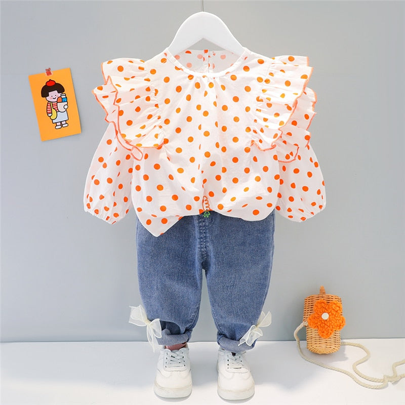 Frühling Herbst Baby Mädchen Kleidung Sets Kinder Prinzessin Kleidung Spitze Polka Dot Tops Schleife-Knoten Jeans Kleinkind Kleinkind Kind Kostüm