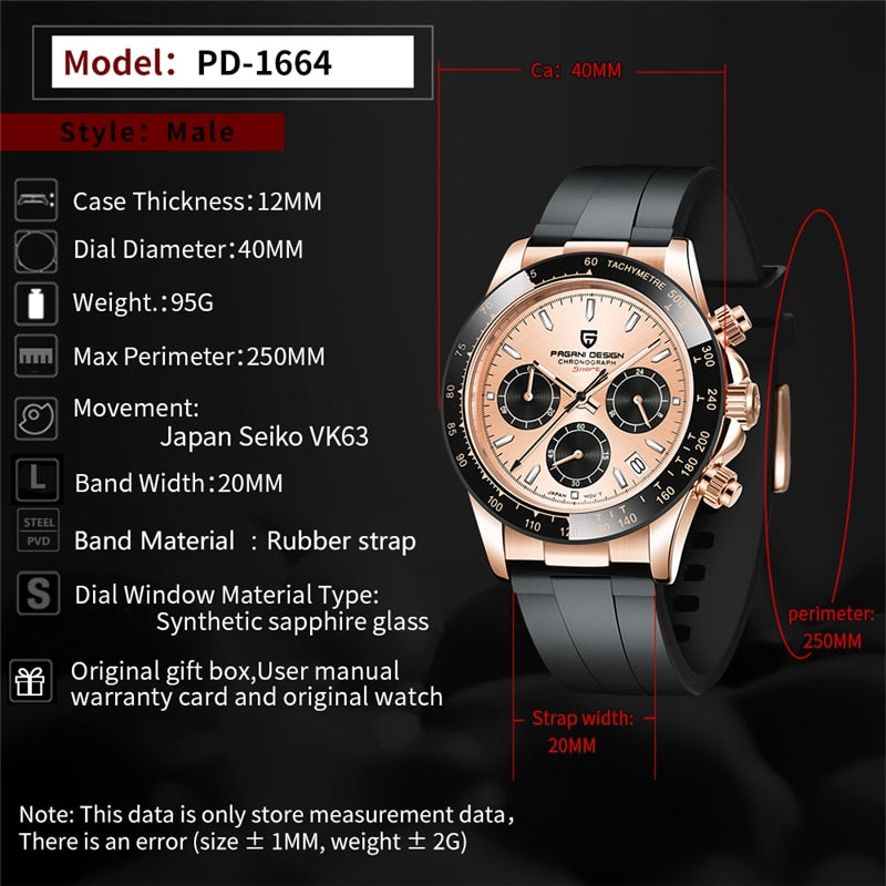 PAGANI DESIGN Herren Quarz Armbanduhr Luxus Saphirglas Sportuhr Kautschukband Chronograph Uhren Herren Japan VK63 Uhr Man