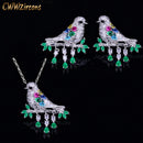 CWWZircons High Quality Water Drop Green CZ Crystal Necklace and Earrings Fashion Animal Bird Jewelry Set for Women Gift T217