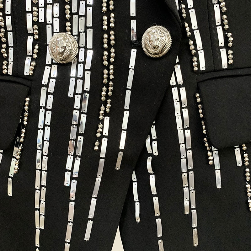 HIGH STREET 2022 Neueste Modedesigner-Jacken-Frauen zweireihiger luxuriöser atemberaubender silberner Metallknopf-Perlen-Blazer