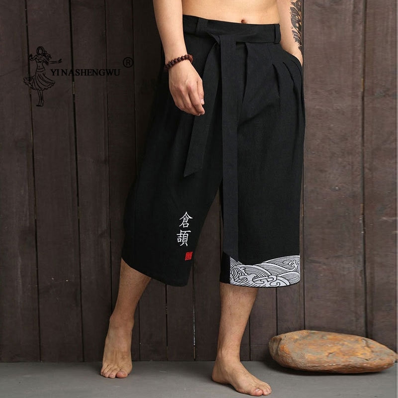 Kimono japonés, pantalones tradicionales para hombre, ropa asiática, pantalón de baño, informal, holgado, estilo japonés, Yukata, pantalones recortados de lino