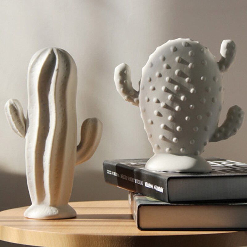 VILEAD Ceramic White Cactus Figurines Nordic Creative Plant Ornament Modern for Interior Home Office Desk Decoration Accessorie