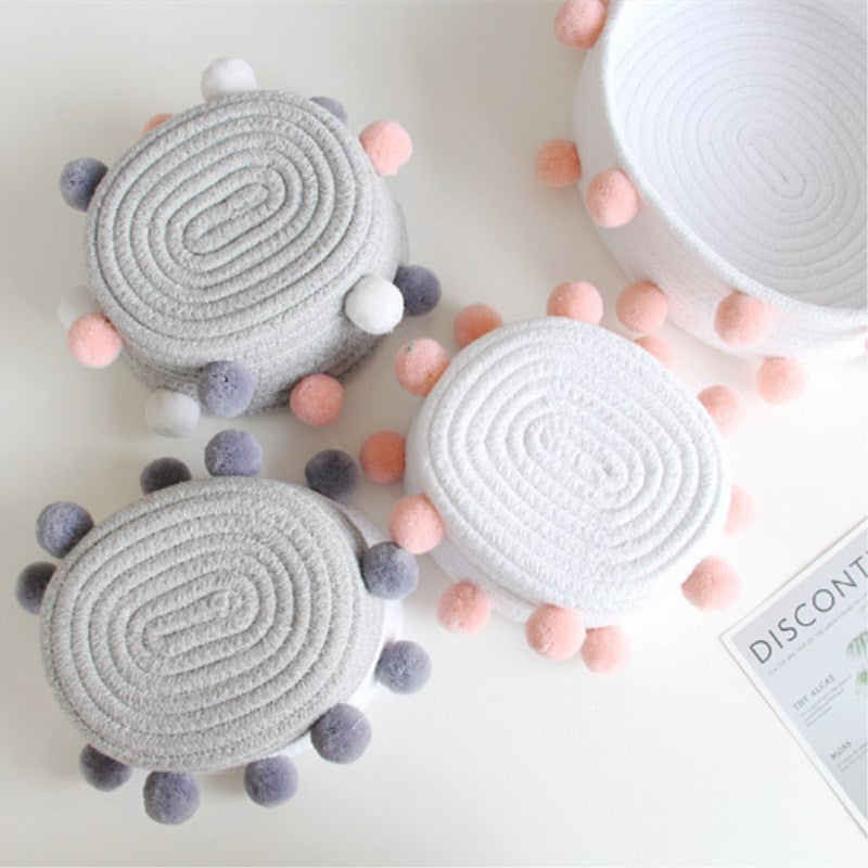 INS Pompom Cotton Rope Storage Baskets Handmade Woven Dirty Clothes Laundry Basket Kids Toys Desktop Sundries Organizer Hamper