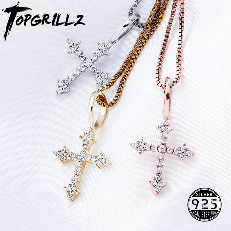 TOPGRILLZ 925 Sterling Silver Women Pendant Iced Cubic Zirconia Cross Pendant Fashion Hip Hop Jewelry For Gift